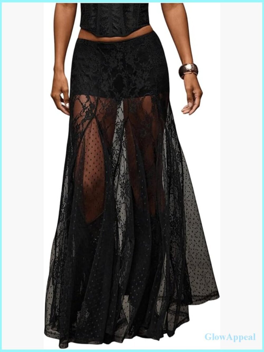 Sexy Sheer Lace Maxi Skirt Low Waist Ruffle A-Line Flowy